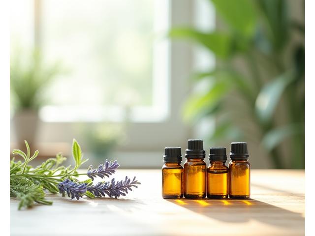 数種類の高品質なエッセンシャルオイル瓶と花々